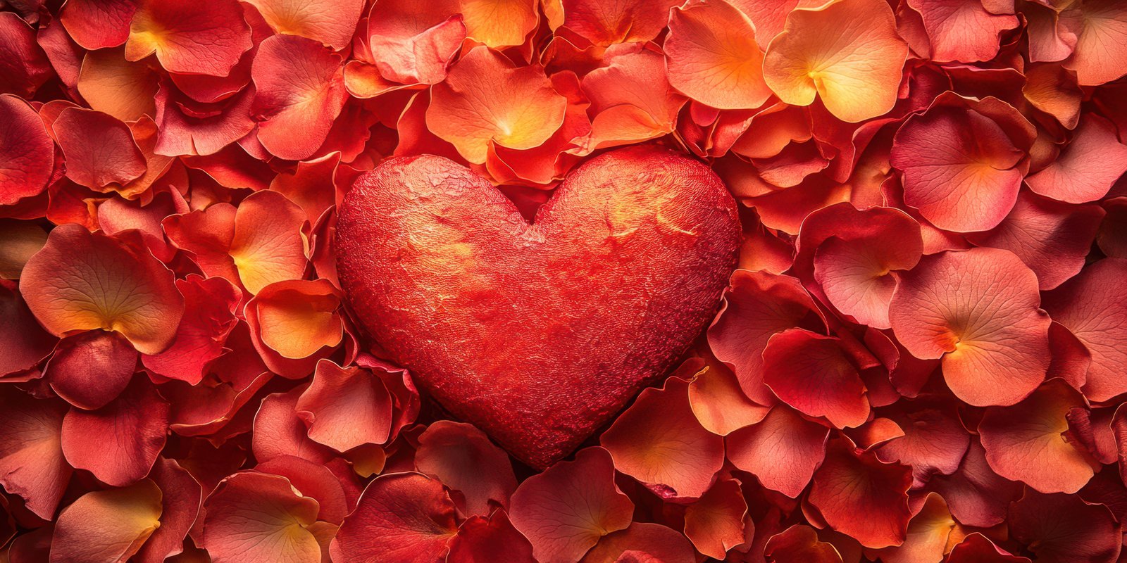 Heart-shaped decoration surrounded by vibrant rose petals for romantic occasions in soft lighting